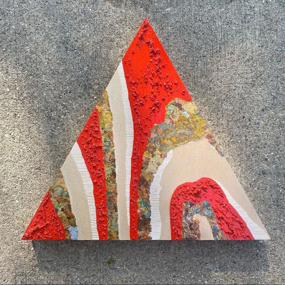 Original art, triangle, 10” vermillion birch wood panel mixed media painting